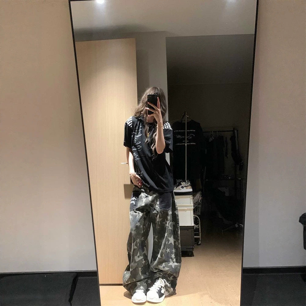 Camouflage Star Print Curved Baggy Wide Leg Washed Denim Jeans