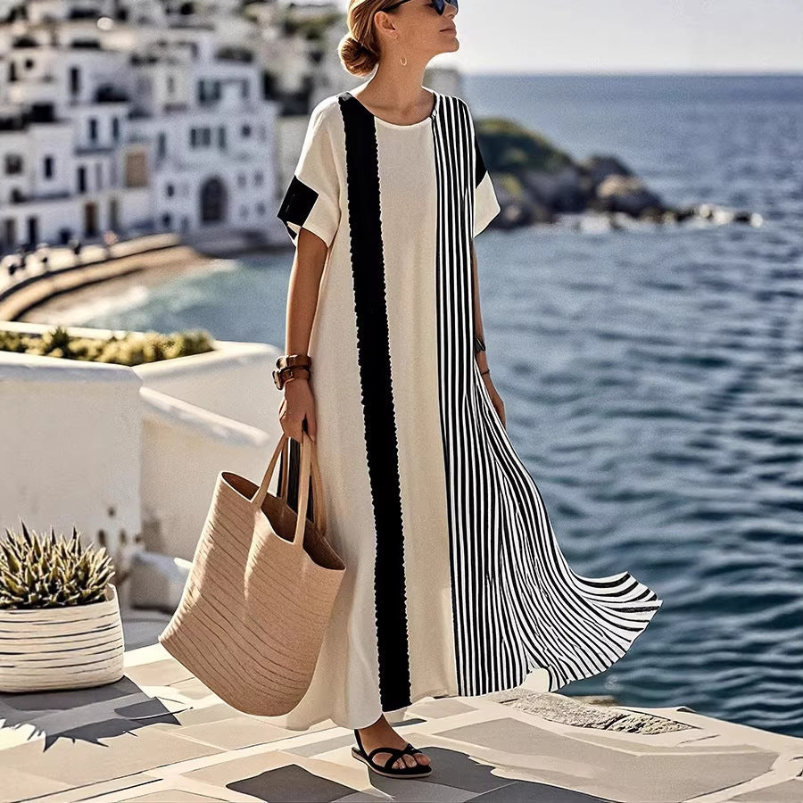 Boho Colorblock Short Sleeve Kaftan Maxi Beach Cover-Up