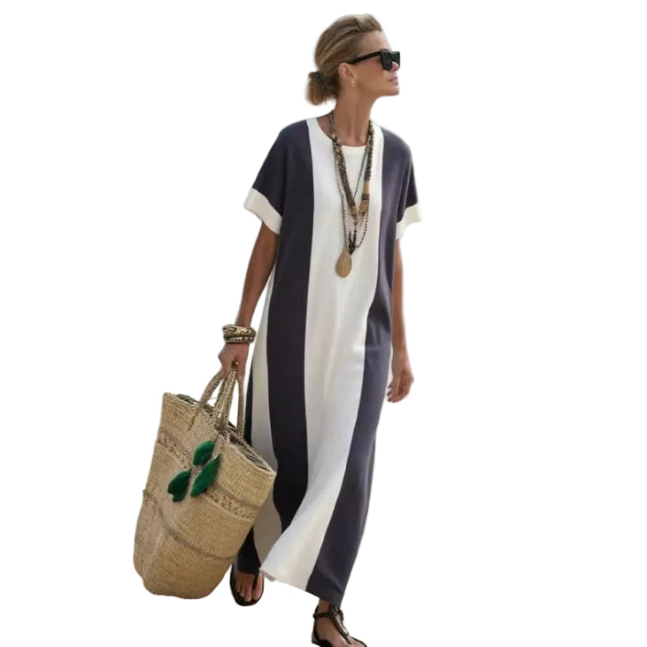 Boho Colorblock Short Sleeve Kaftan Maxi Beach Cover-Up