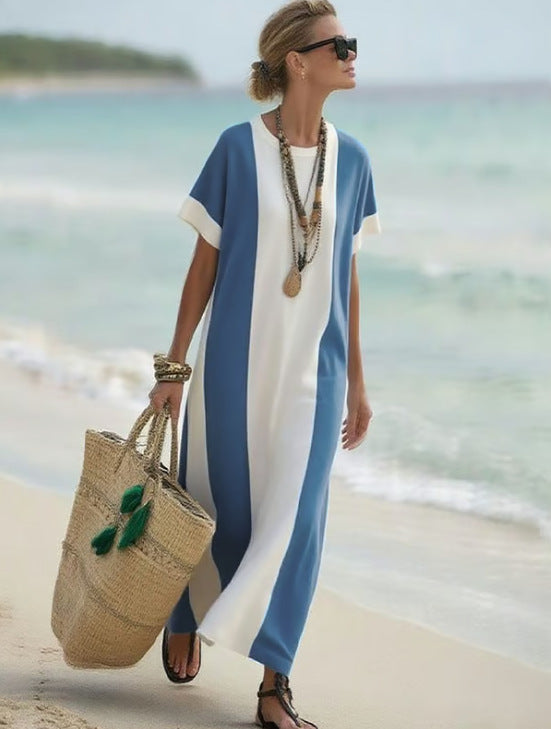 Boho Colorblock Short Sleeve Kaftan Maxi Beach Cover-Up