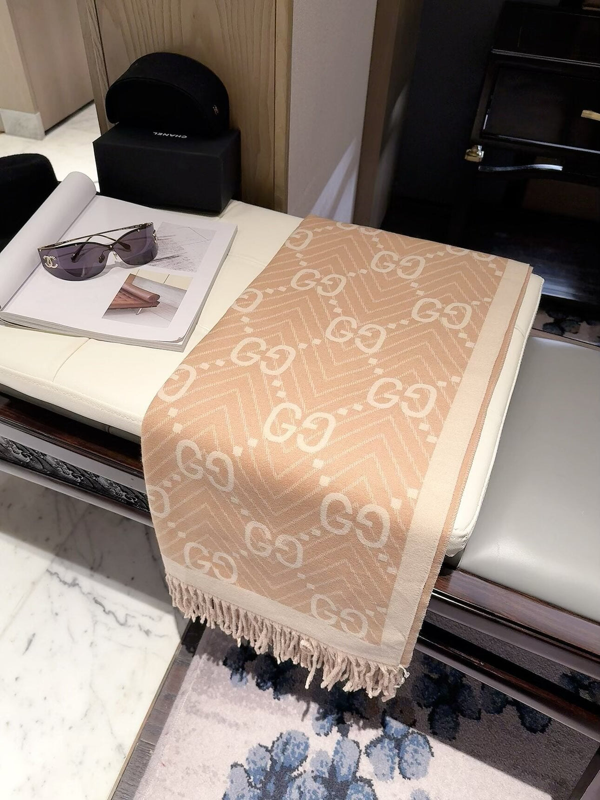 Gucci Style GG Herringbone Fringe Scarf