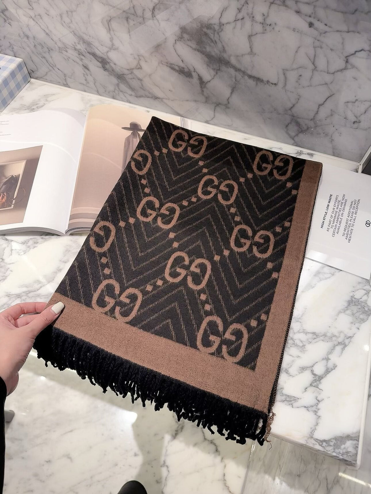 Gucci Style GG Herringbone Fringe Scarf