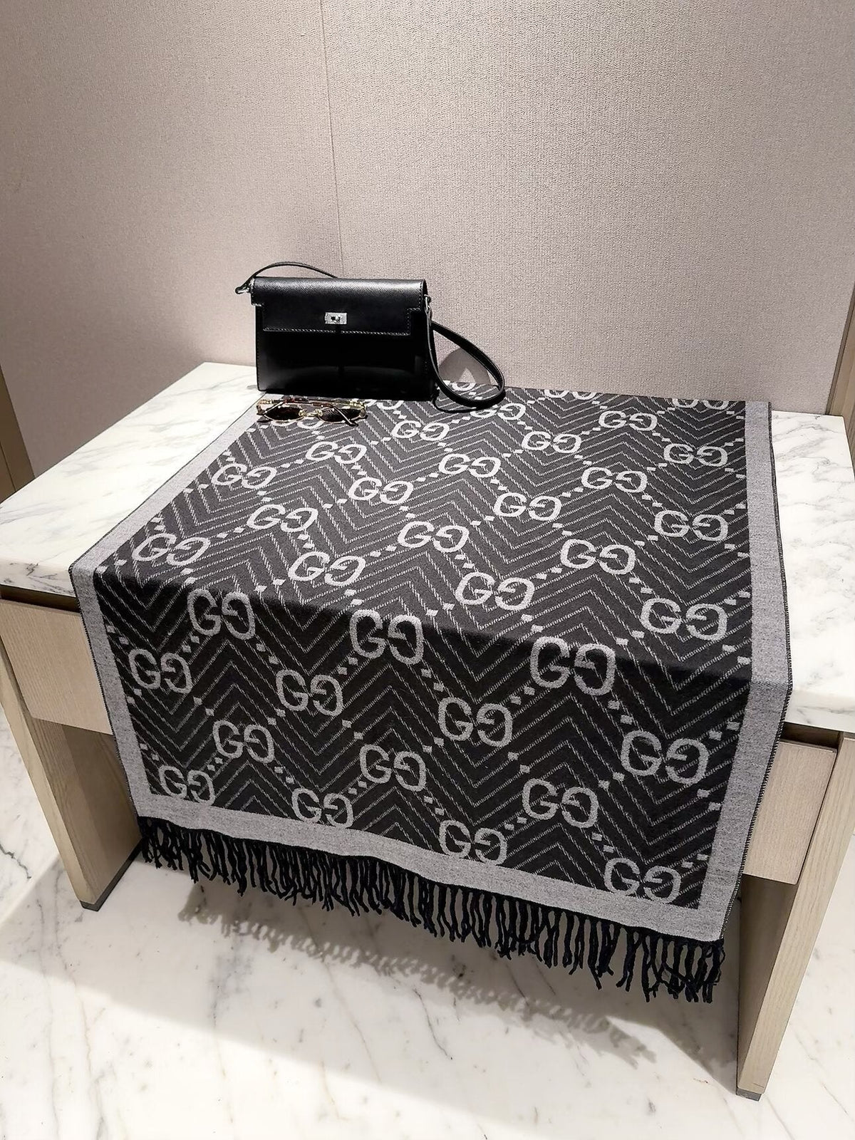 Gucci Style GG Herringbone Fringe Scarf