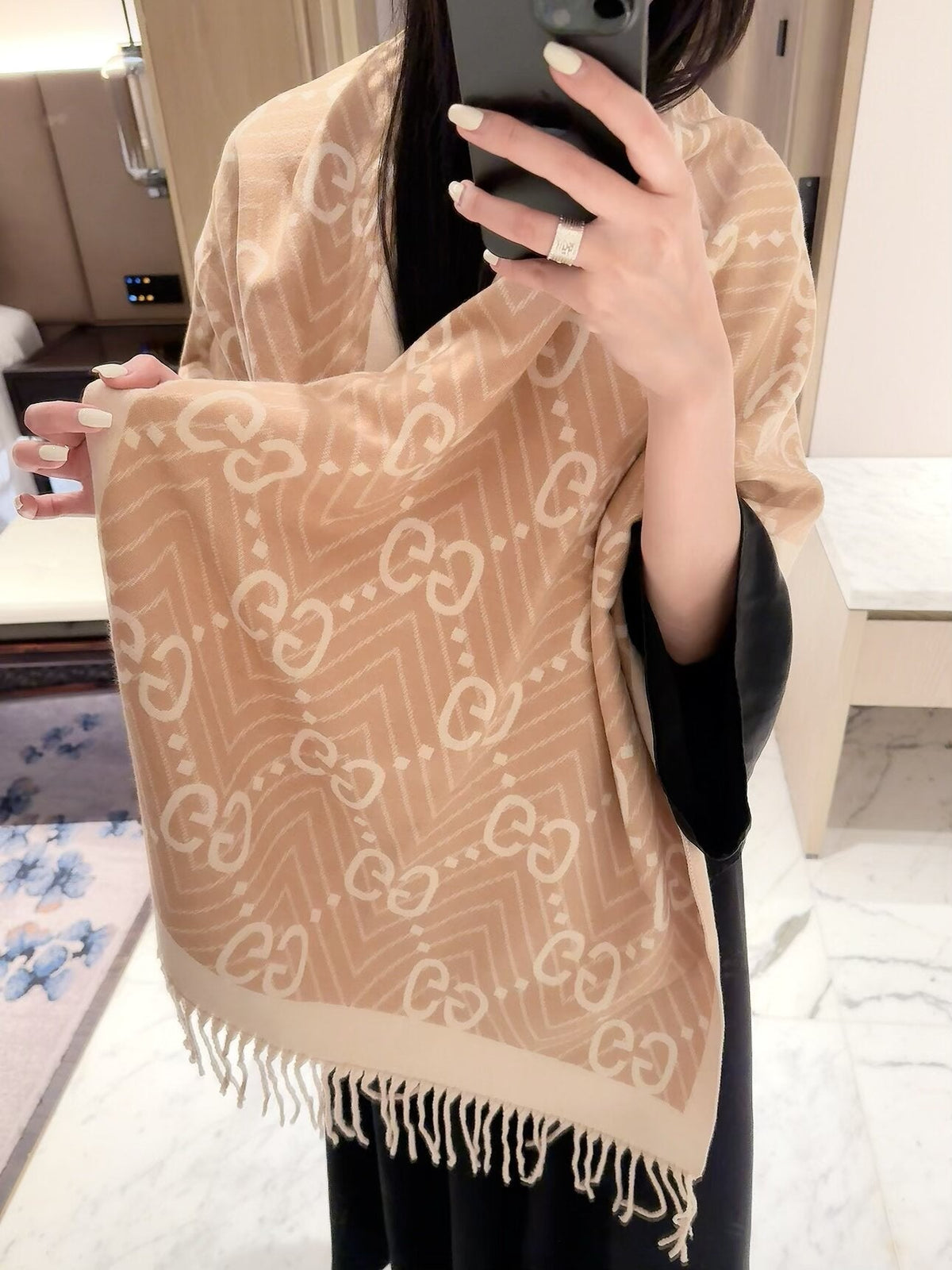 Gucci Style GG Herringbone Fringe Scarf