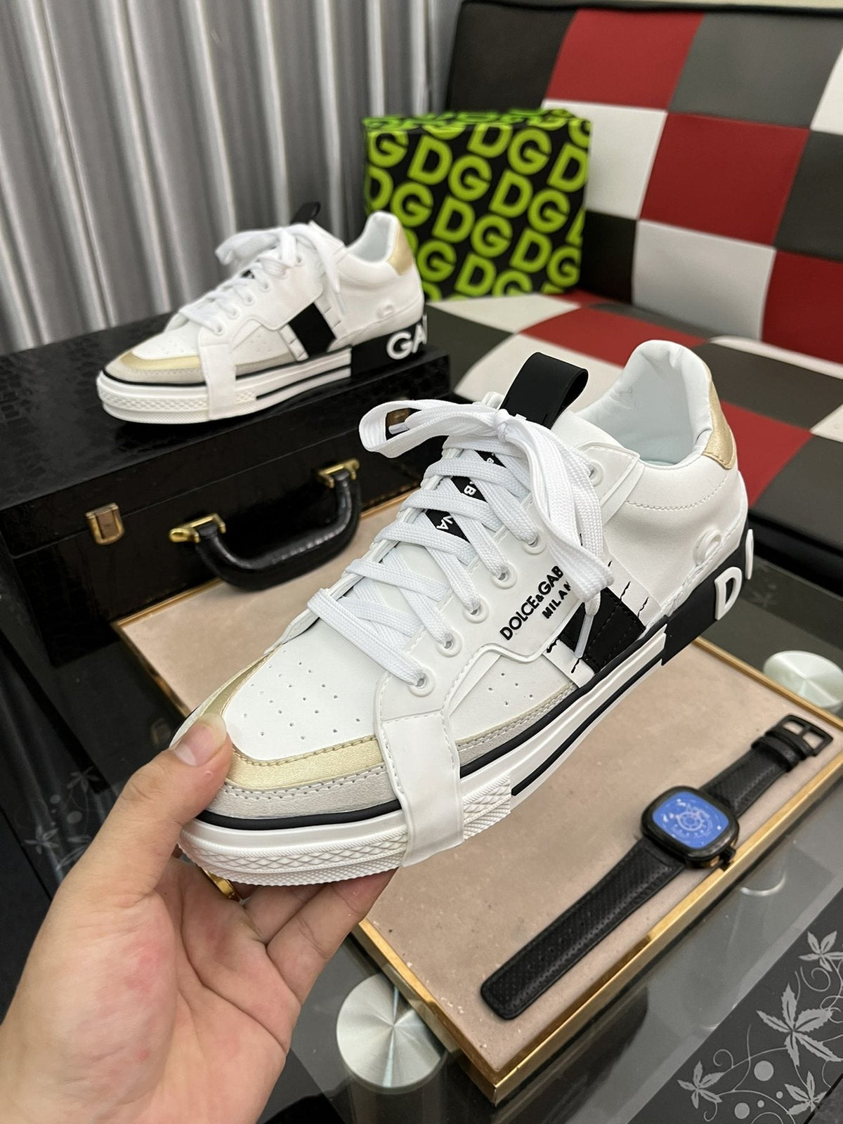 Dolce & Gabbana White, Cream & Black Lace-Up Sneakers
