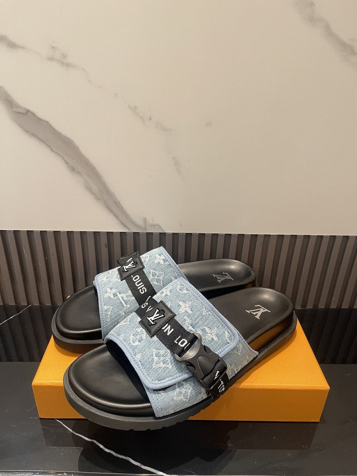 Louis Vuitton Light Blue and Black Slide Sandals