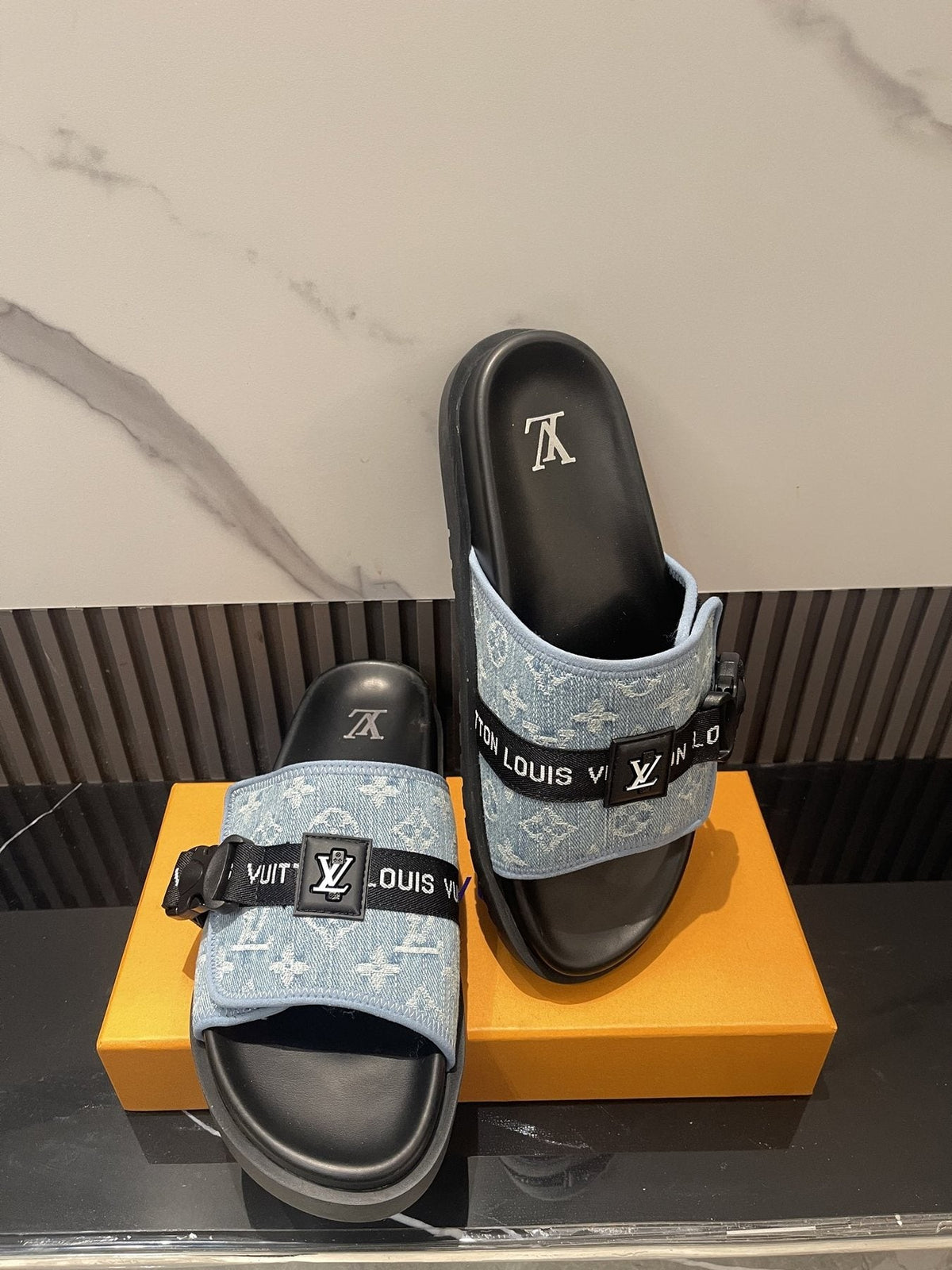 Louis Vuitton Light Blue and Black Slide Sandals