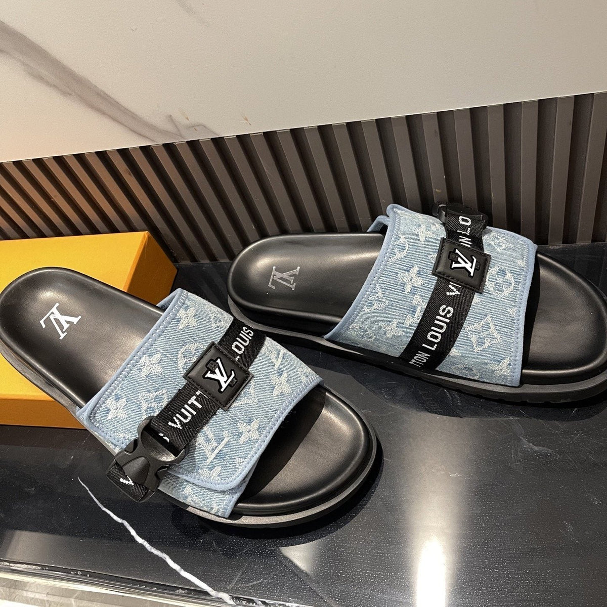 Louis Vuitton Light Blue and Black Slide Sandals