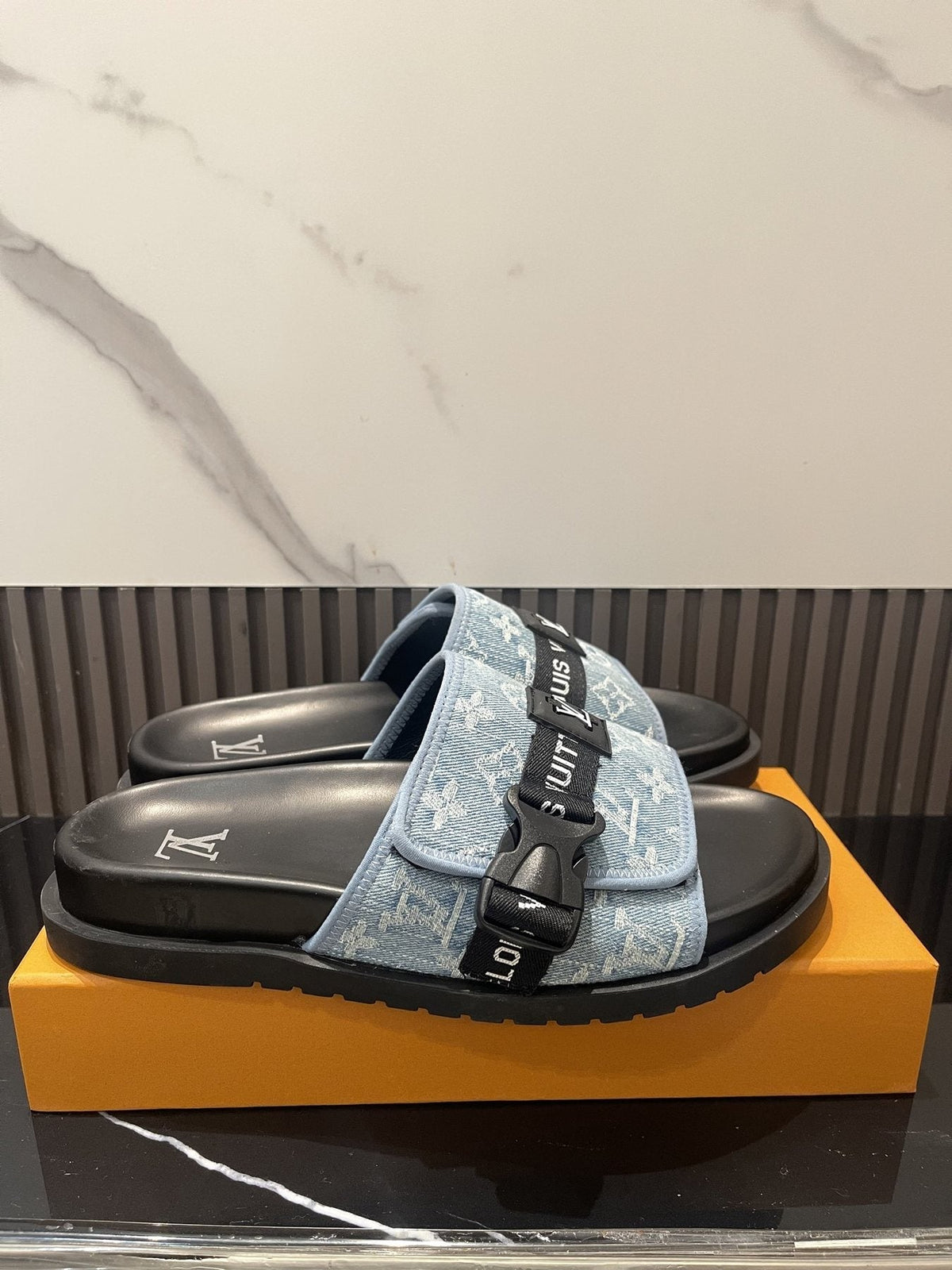 Louis Vuitton Light Blue and Black Slide Sandals