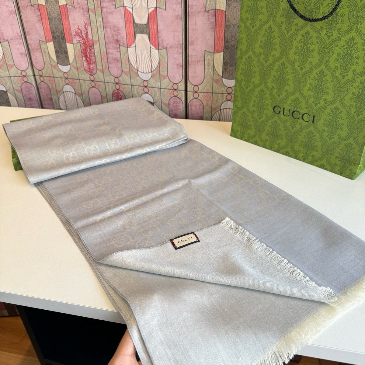 Gucci Reversible Monogram Fringe Scarf