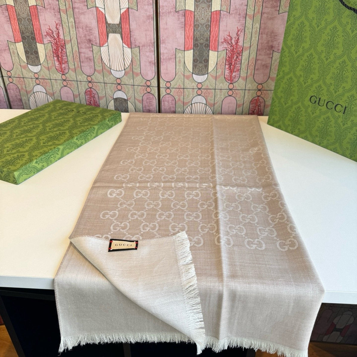 Gucci Reversible Monogram Fringe Scarf