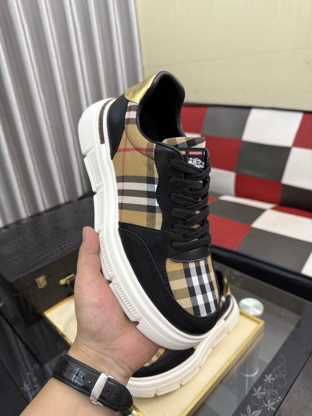 Burberry Men's Plaid Panel Sneakers - Layered Upper Details
