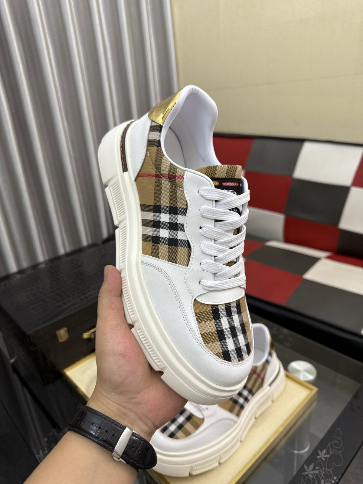 Burberry Men's Plaid Panel Sneakers - Layered Upper Details