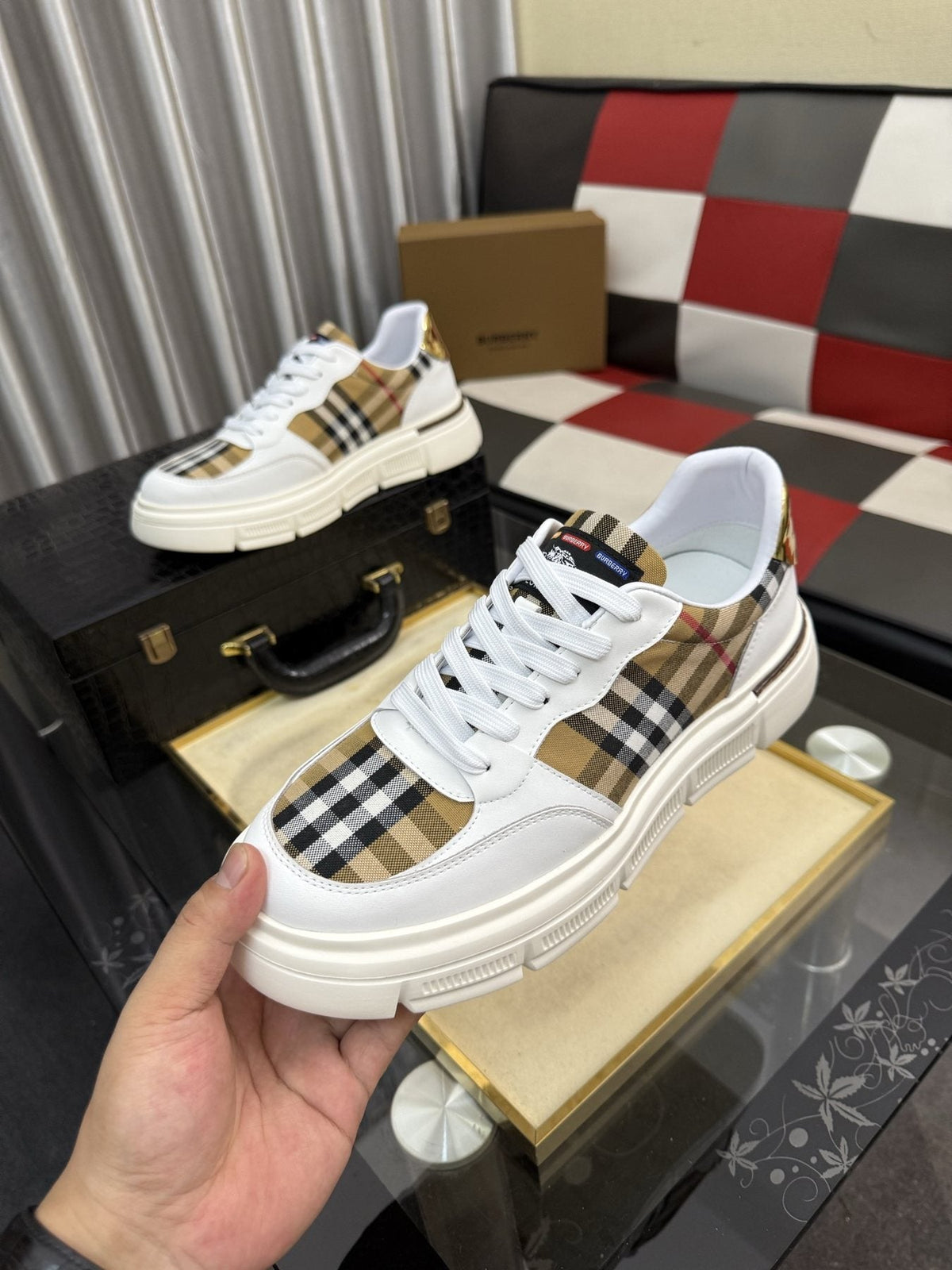 Burberry Men's Plaid Panel Sneakers - Layered Upper Details